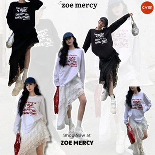 [SẴN]-🍊Chân váy lụa ren lệch tà - ZOE MERCY | Skirt (CV101) - Áo thun dài tay in chữ - ZOE MERCY | Tshirt (ZBT18)