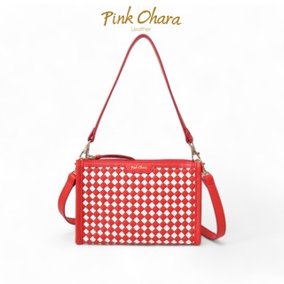 Túi đeo chéo kẹp nách pink ohara reina da bò thật đan