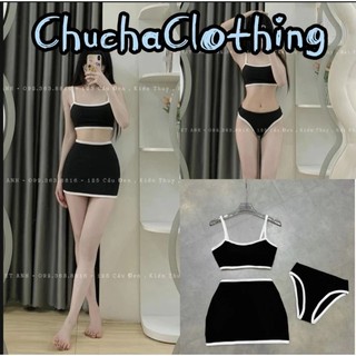 Set bikini 3 món áo croptop kèm chân váy phối viền trắng siêu cá tính - Chuchaclothing