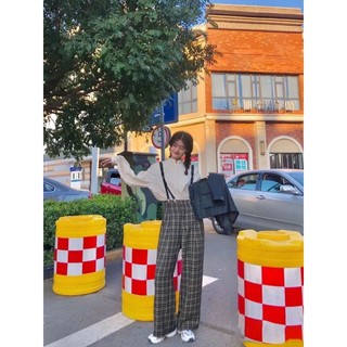 (Order) Set nữ ulzzang phong cách Hongkong cổ điển áo sơ mi cổ trụ dài tay + quần yếm vải sọc dáng suông