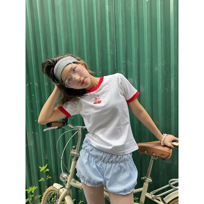 Áo Thun Nữ Baby Tee Viền Đỏ “ Nơ Cherry '' - Kraken Drk siêu dễ thương 100% cotton 2 chiều .