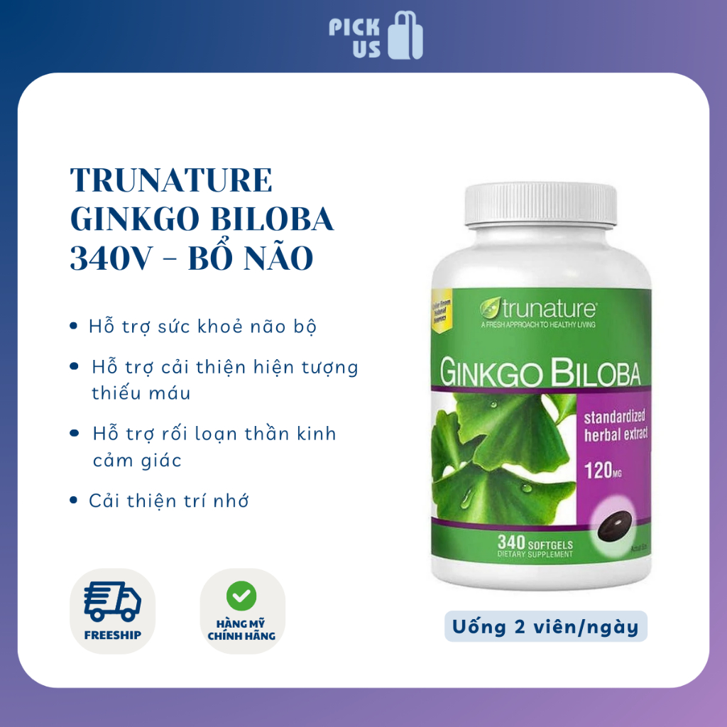[Date mới 11/2026] Viên uống bổ não Ginkgo Biloba Trunature 120mg 340 viên, Nhập Mỹ