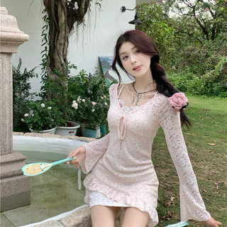 Set đầm hoa nhí hai dây viền ren đính nơ ôm body đầm ren tay dài viền bèo vạt xéo
