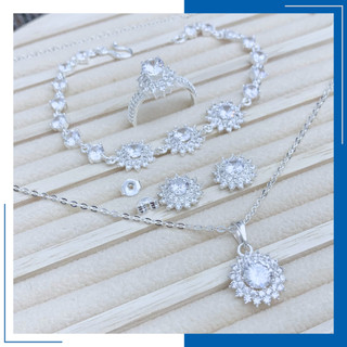 Set Bạc Nữ Nhẫn, Bông Tai, Dây Chuyền, Lắc Tay  Hình Sen  S925 Đính Đá Vai 3 Hàng Đá Có Bản Xi Kim Không Cần Kiêng Nước