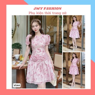V544 Váy voan hoa nhí dáng A xòe thiết kế tiểu thư [TH Hà Thanh] đầm hồng hoa nhí dáng xòe ngắn nữ tính