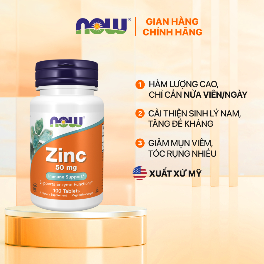 Kẽm Now Zinc 50mg giúp tăng cường sinh lý nam giới, tăng testosteron nội sinh, giảm mụn và tăng sức đề kháng