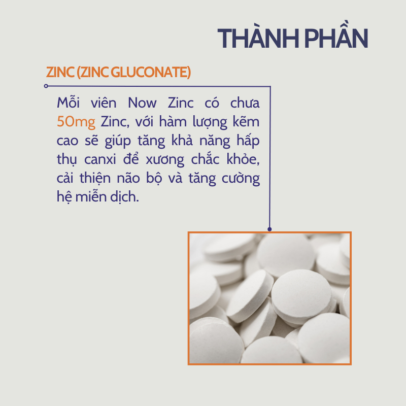 Kẽm Now Zinc 50mg giúp tăng cường sinh lý nam giới, tăng testosteron nội sinh, giảm mụn và tăng sức đề kháng