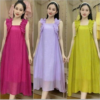 Đầm suông maxxi nhún bèo sát nách dáng dài 2 lớp cột dây nơ