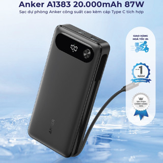 Sạc dự phòng Anker A1383 dung lượng 20000mAh, tích hợp sẵn cáp Type C, công suất 87W