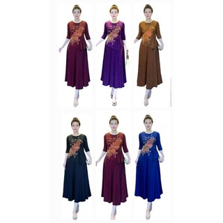 Đầm trung niên đi tiệc thun nhũ hoa đính đá dáng peplum vạt chéo che bụng size lớn 75kg, Đầm đi tiệc giấu bụng cho mẹ