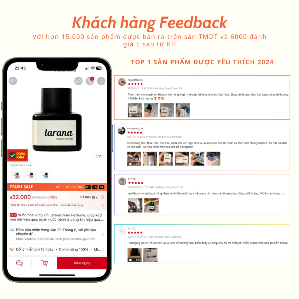 Nước hoa vùng kín Larana Inner Perfume, giúp khử mùi hôi hiệu quả, ngăn ngừa bệnh lý vùng kín hiệu quả, dung tích 5ml.