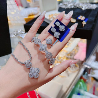 Bộ trang sức 4 món baguet hoa 4 lá xi bạch kim gắn đá cz nhân tạo siêu sáng Kami trang sức sỉ