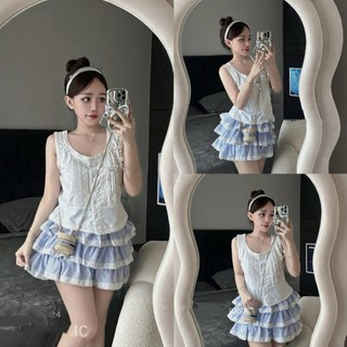 Set áo trắng cổ vuông mix chân váy xanh thô bèo tầng siêu xinh