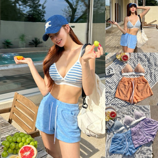 [Hàng Sẵn] Bộ bơi nữ, bikini ba mảnh có mút quần đùi hai dây kẻ nhiều màu QC