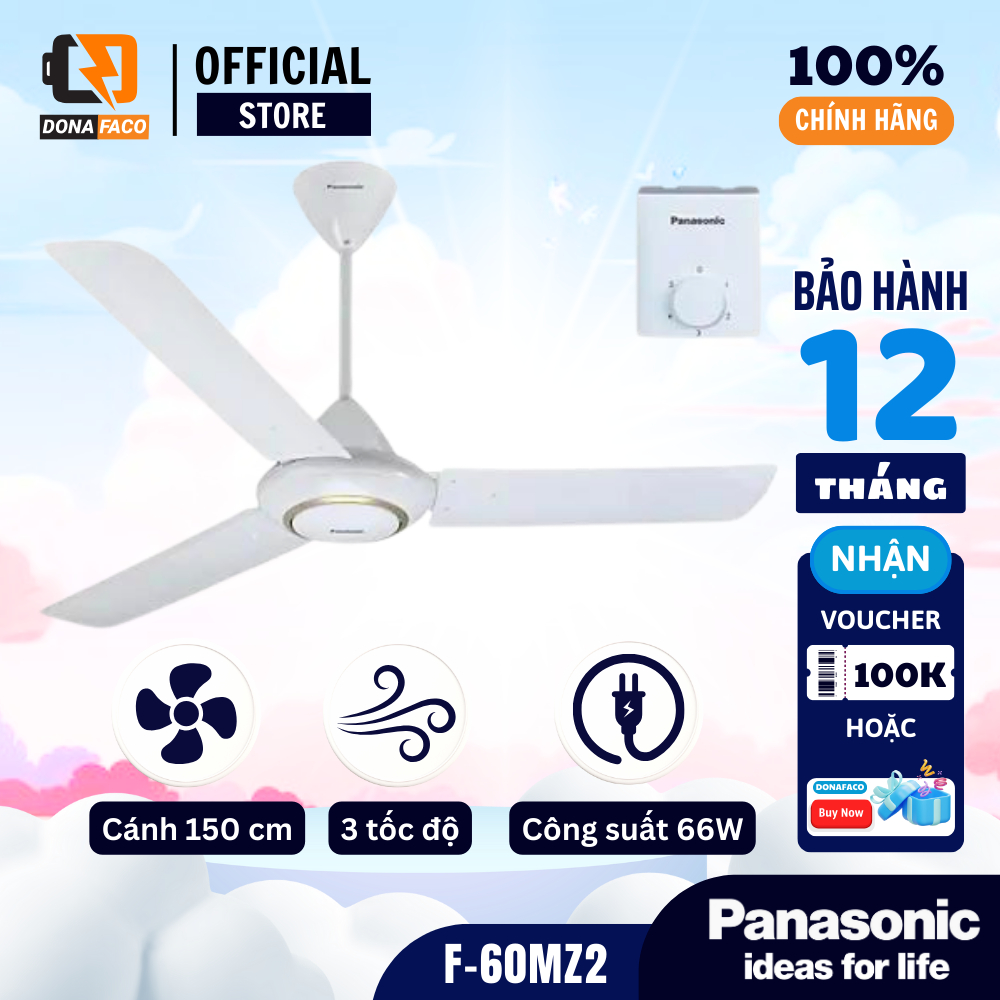 Quạt trần Panasonic 3 cánh F-60MZ2 màu trắng đen dùng hộp số 5 cấp gió cánh 150cm bảo hành 24 tháng