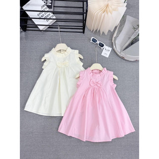 Váy bé gái, Váy babydoll viền bèo mix nơ cho bé gái