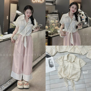 Áo sơ mi thô ren cổ đức buộc trước QC