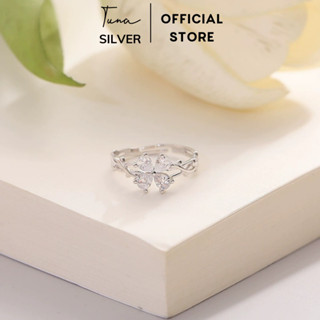  Nhẫn Bạc nữ đính đá cỏ 4 lá cao cấp Nhẫn bạc đá freesize cỏ bốn lá may mắn TUNA SILVER Trang sức Bạc cao cấp 