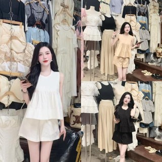 Set áo babydoll thiết kế xếp li 3 màu kèm quần sooc chất thô siêu hot