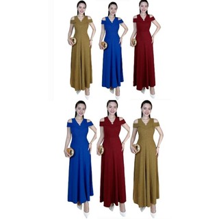 Đầm dạ hội trung niên đi tiệc bệt vai gấm nhật co giãn màu trơn size lớn 75kg, Đầm dạ hội rớt vai trung niên đi tiệc