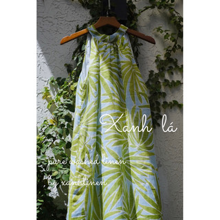 xanhlinen - đầm yếm hoa xanh lá linen tung