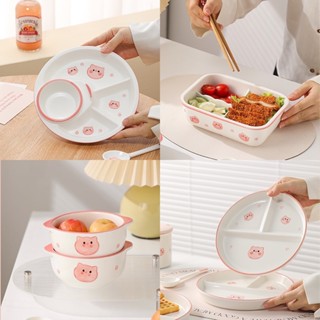 Bát đĩa gốm sứ Decor, Bát ăn cơm, Bát ăn chè, Hộp đựng cơm bằng sứ, Đĩa 3 ngăn, Cốc uống nước hoạ tiết heo hồng siêu đẹp