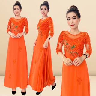 Áo dài dạ hội trung niên cho mẹ màu cam cà rốt cao cấp che khuyết điểm