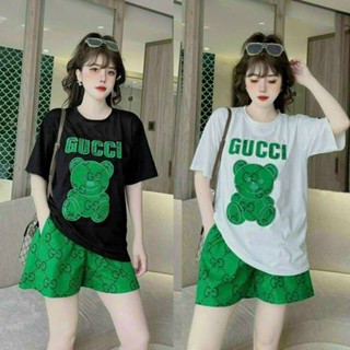 Bộ đồ short thể thao nữ cotton 100% thêu chữ Gấu GC quần thun lạnh 3D trẻ trung cá tính form rộng