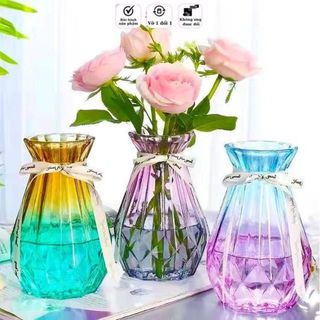 Lọ hoa thuỷ tinh đa giác tặng kèm nơ bình hoa cao cấp cổ nhỏ