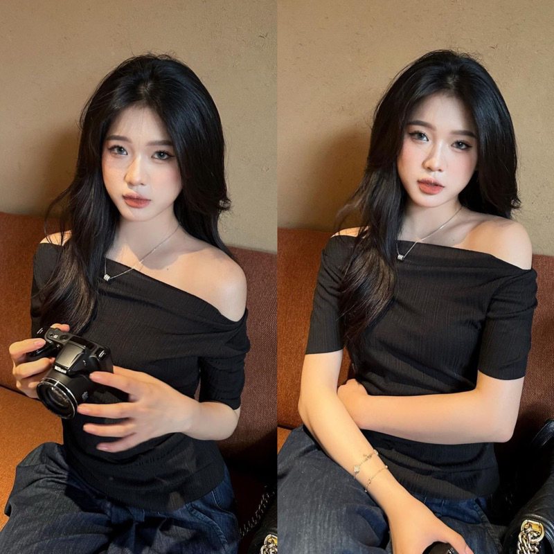 Áo trễ vai Beyo áo hở vai cổ thuyền thun tăm co dãn tay ngắn T004 | BigBuy360 - bigbuy360.vn