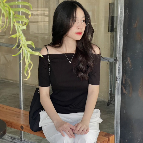 Áo trễ vai Beyo áo hở vai cổ thuyền thun tăm co dãn tay ngắn T004 | BigBuy360 - bigbuy360.vn