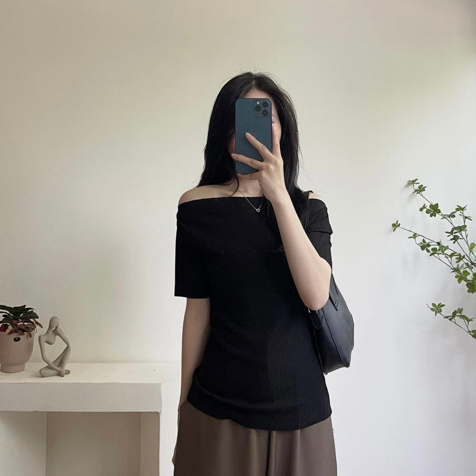 Áo trễ vai Beyo áo hở vai cổ thuyền thun tăm co dãn tay ngắn T004 | BigBuy360 - bigbuy360.vn