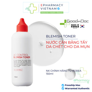 Toner Goodndoc AC Control Blemish Nước cân bằng tẩy da chết AHA + BHA cho da mụn, da thâm sạm 150ml