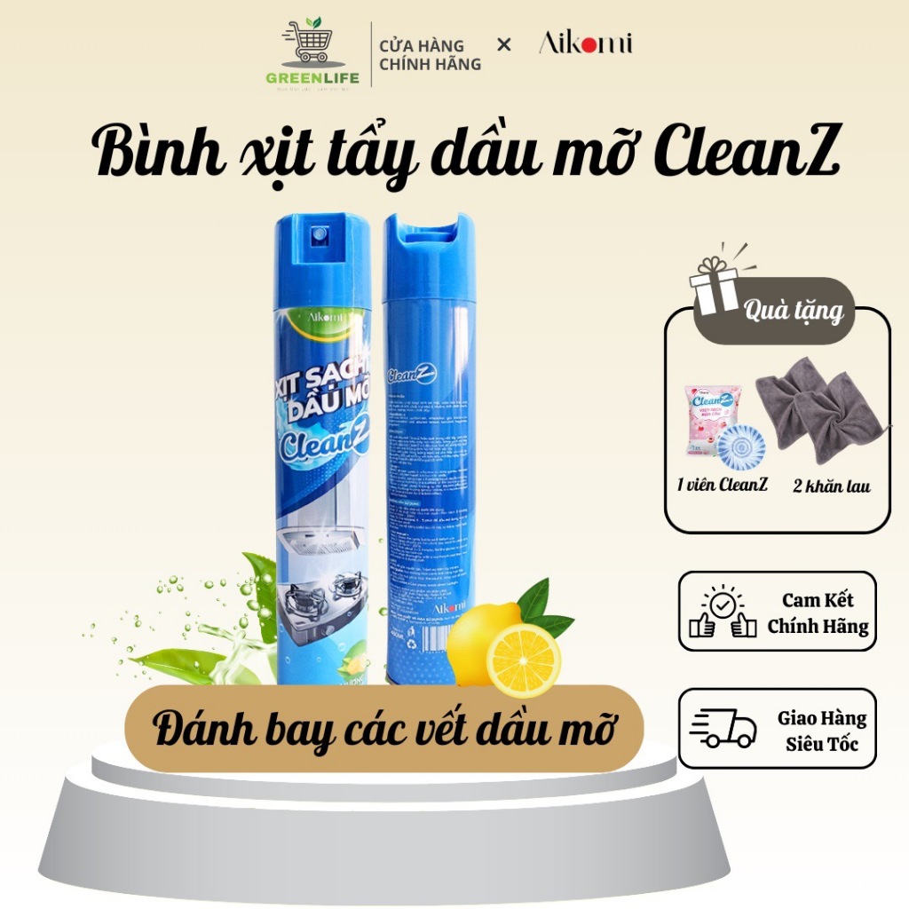 Xịt tẩy dầu mỡ nhà bếp CleanZ 450ml, đánh bay vết dầu mỡ trên xoong nồi, lưới máy hút mùi, Tặng 1 Vi