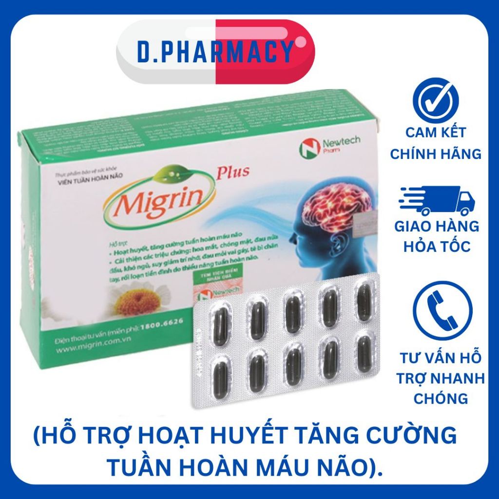 Viên uống Migrin Plus hỗ trợ hoạt huyết, tăng cường tuần hoàn máu não (2 vỉ x 10 viên)
