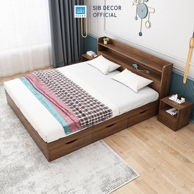 [Chỉ giao lắp tại TP.HCM] Giường Ngủ Gỗ Công Nghiệp Kèm 3 Ngăn Kéo Màu Walnut SIB Decor GN12