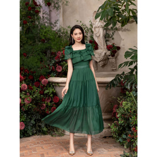 Đầm maxi cổ vuông LAULILL ngực bèo voan tơ trắng LDL2306603