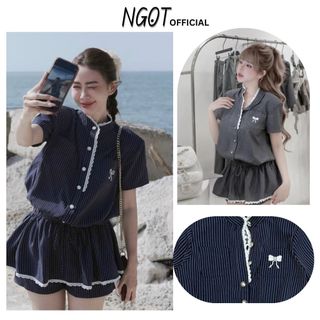 Set Váy Kẻ Cộc Tay Phối Quần Trẻ Trung NGỌT OFFICIAL ,Áo Cổ Tàu Cúc Đồng Đính Viền Ren Kèm Quần Phong Cách Châu Âu