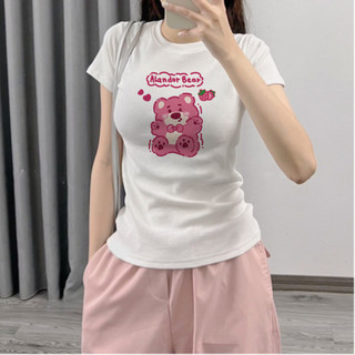 Áo Thun Baby Tee Gấu hồng chất Thun Gân Kiểu Co Dãn Ôm Body Cổ Tròn Tay Ngắn Dáng Dài ba1025
