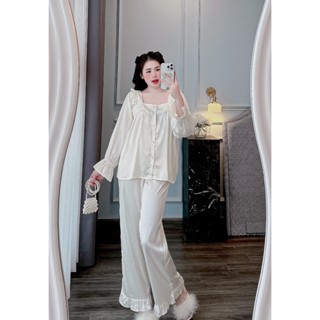 Đồ bộ nữ gấu dâu dài tay tiểu thư cổ vuông ngọc trai, đồ ngủ nữ pijama, set ngủ tiểu thư, đồ mặc nhà nữ lụa tay dài