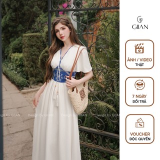Váy đi biển maxi boho dáng dài Giian thiết kế cổ V phối dây tay bồng cánh tiên nhún eo tôn dáng vải đũi Nhật VA0847