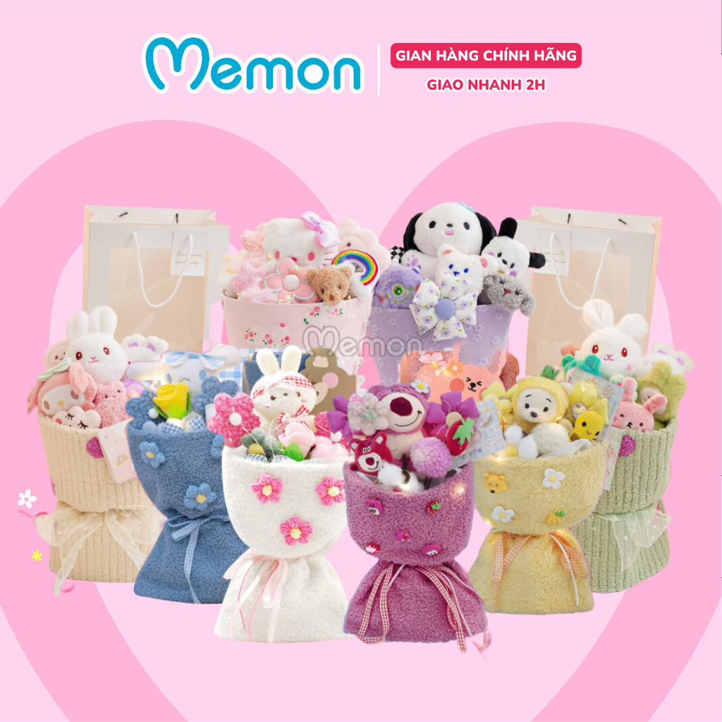 Bó Hoa Gấu Bông Bọc Vải Mềm Mại Dễ Thương Cao Cấp Memon(Tặng Kèm Túi Đèn)