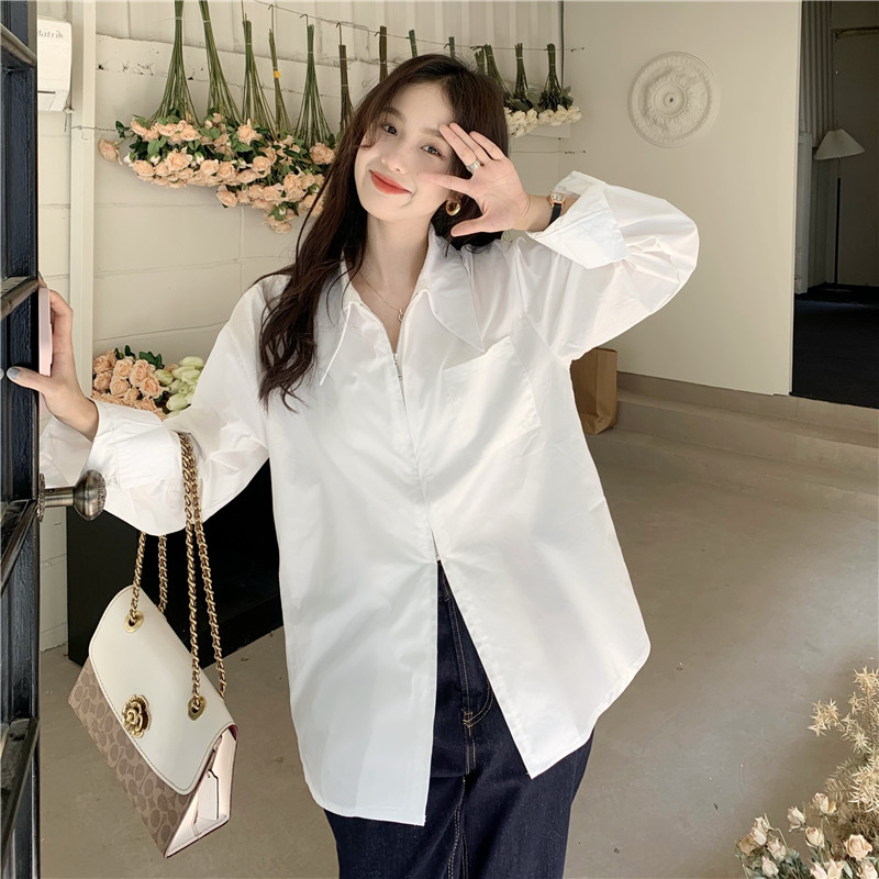 Áo sơ mi nữ Beyo áo sơ mi kéo khoá 2 đầu dáng rộng sơ mi trơn dài tay cổ đức xẻ tà phong cách Hàn Quốc FG004 | BigBuy360 - bigbuy360.vn