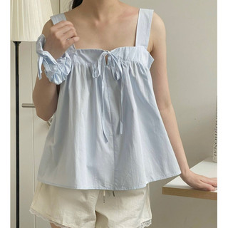 Áo hai dây nữ nơ ngực dáng lửng, Áo babydoll nữ kèm srunchies chất thô hàn mềm thoáng mát  hàng đẹp a6240627 
