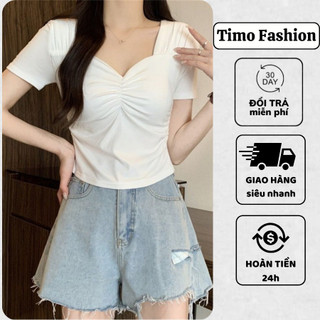 Áo thun nữ Timo ngắn tay, Áo kiểu nữ có nhún ngực, tôn dáng, chất vải thun tăm co giãn, form ôm, mặc đi chơi, AOT147