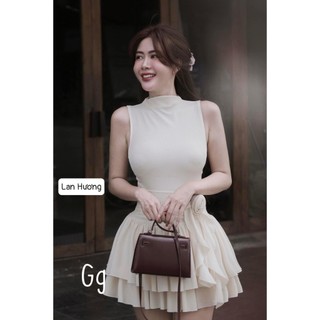 đầm ba lỗ sát nách cổ cao thun gân xòe dưới 2 tầng đính hoa dáng ngắn xinh