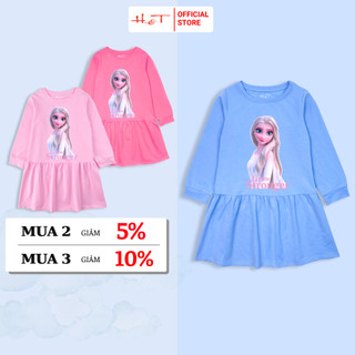 Đầm tay dài, váy bé gái htkids in hình elsa, chất thun cotton co giãn 4 chiều cho bé gái từ 3-12 tuổi-dtdbg004