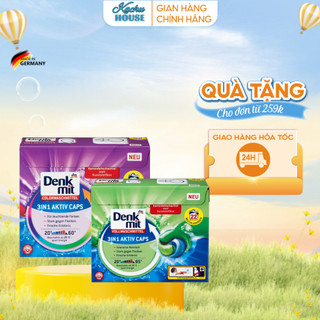 Viên Giặt Xả Quần Áo 3in1 Aktiv Caps Từ Denkmit, Nước Giặt Dạng Viên Nội Địa Đức Hộp 22 Viên