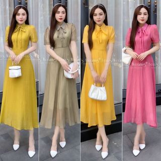 Đầm sơmi cổ nơ 2 lớp LEOWEARING C345 C346