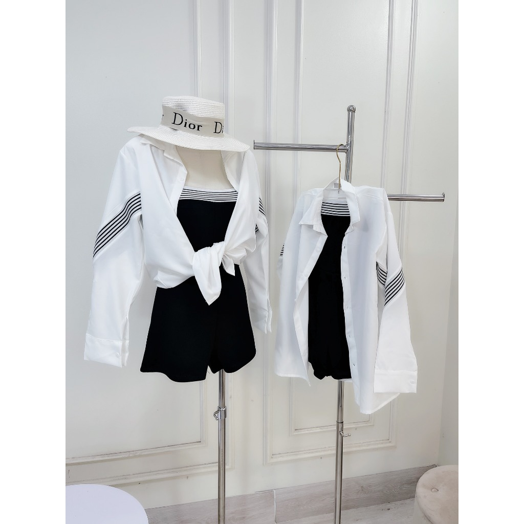 Set Bộ Đồ Nữ 2 Món Bikini Jumpsuit Body Cúp Ngực Viền Kẻ Dáng Đùi Ngắn Mix Sơ Mi Lụa Dài Tay Phối Kẻ Freesize | BigBuy360 - bigbuy360.vn